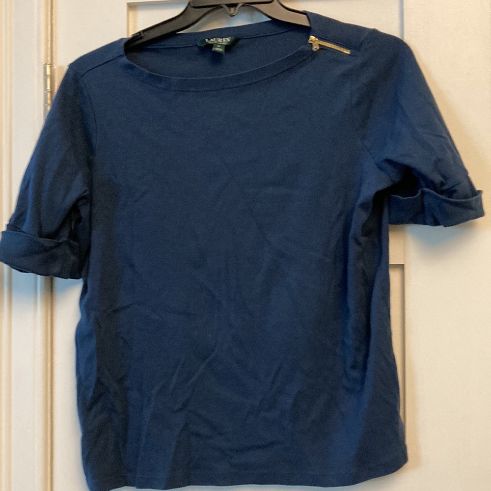 Cute Ralph Lauren short sleeve knit top with zipper shoulder detail.